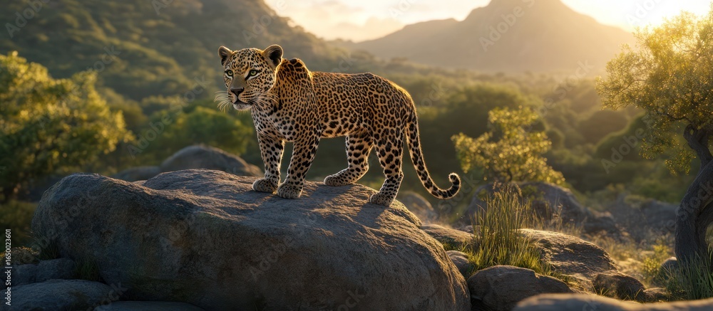 Obraz premium leopard, majestic animal, savannah landscape, golden hour lighting, dramatic mountain backdrop, nature wildlife photography, cinematic composition, detailed fur texture, powerful predator 