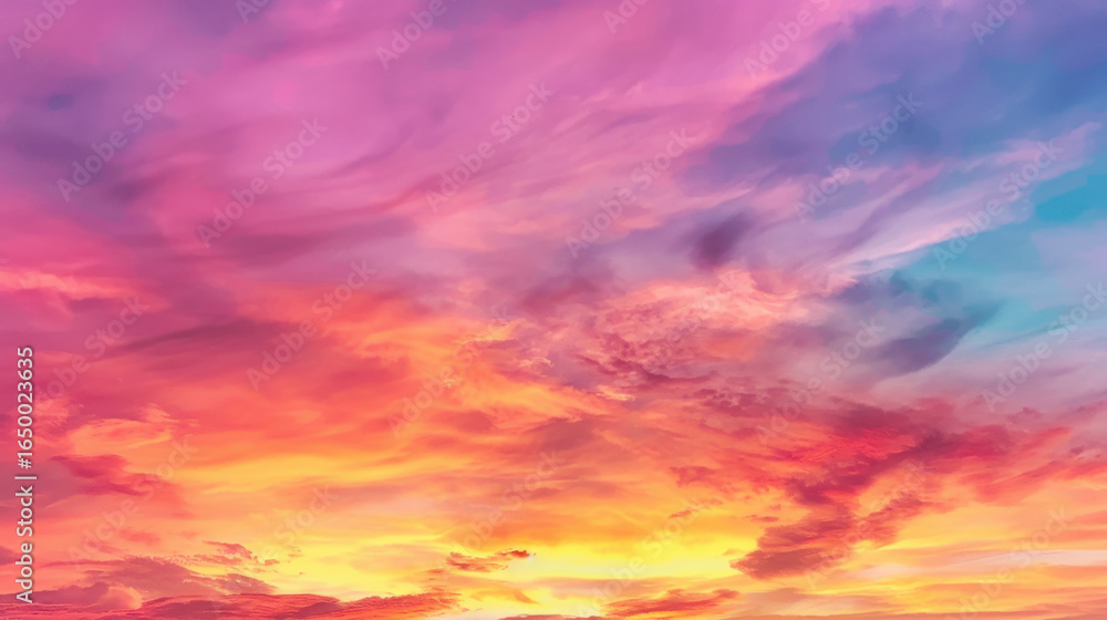 Obraz premium Breathtaking sunset sky with vibrant hues of pink, purple, and orange blending seamlessly, creating serene and calming atmosphere. clouds add texture and depth to stunning view