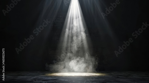Dramatic spotlight shines down through dark, smoky atmosphere, creating ethereal and mysterious ambiance. interplay of light and shadow evokes sense of intrigue and anticipation