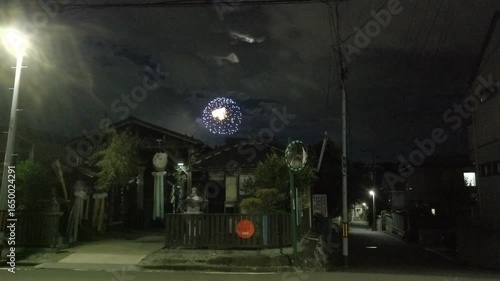 April 27, 2025, Sendai, Miyagi Prefecture, Japan.Scenes from the Sendai Tanabata Fireworks Festival, fireworks over a small shrine.