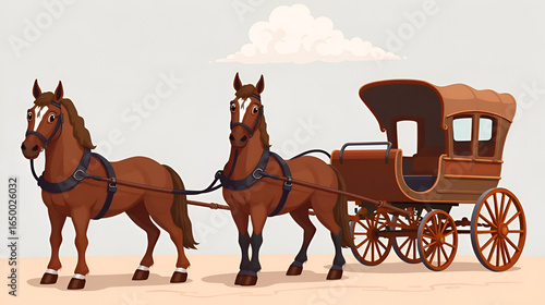 Cartoon horse and cart transport collection. Elegant brown stallions harnessed to antique vehicles - luxury carriage, vintage phaeton, wooden delivery wagon. Historical fairytale or game assets.