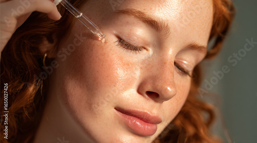 Skincare Beauty Serum Woman Closeup Wellness Routine Natural Health Radiance Glowing Facial Treatment Moisture Hydration Youthfulness Freshness 