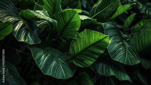 lush tropical foliage, dense leafy canopy, verdant green leaves, vibrant plant life, detailed botanical textures, dramatic lighting and shadows, moody atmospheric background, dense jungle-like environ
