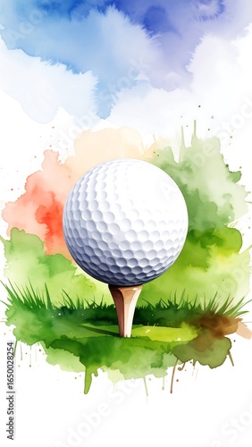 Golf ball on tee with watercolor background.