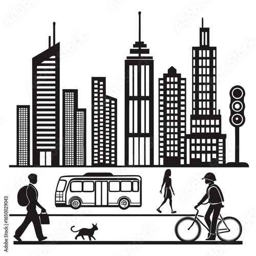 Black and white city skyline with people and transportation