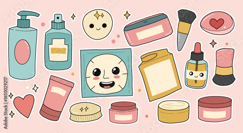 A cute collection of kawaiistyle skincare and makeup product stickers including creams brushes and a happy face mask.