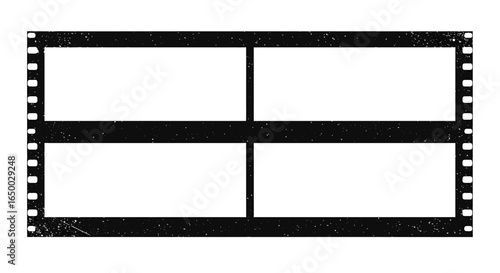 A distressed black film strip with four blank frames featuring a speckled grunge texture and sprocket holes.