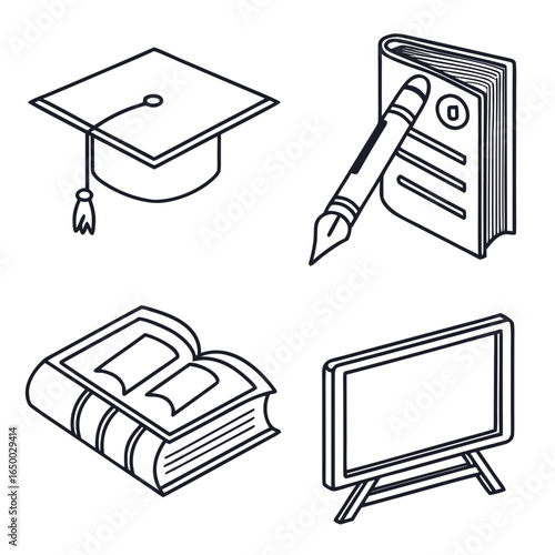 Graduation cap open book pen and blackboard education