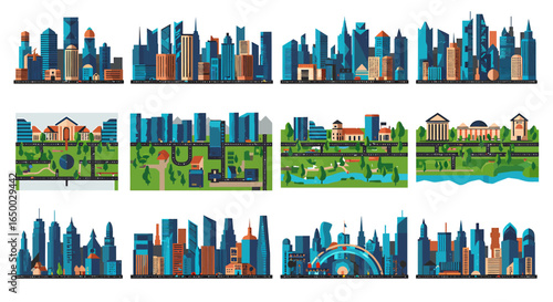A diverse collection of modern flatstyle cityscape and urban landscape illustrations featuring skyscrapers parks and roads.