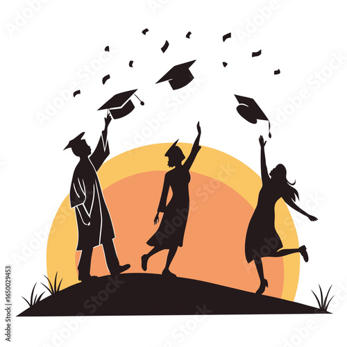 Graduation caps tossed by silhouetted students tossing