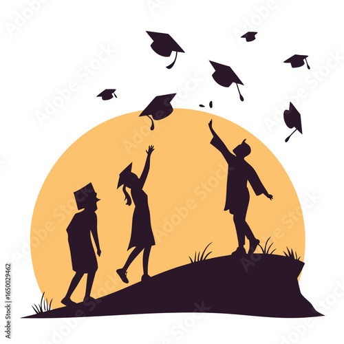 Graduation caps tossed against orange sun students