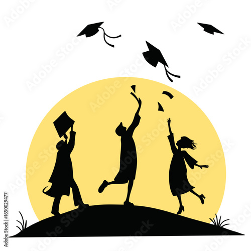 Graduation caps tossed in air by joyful students tossing