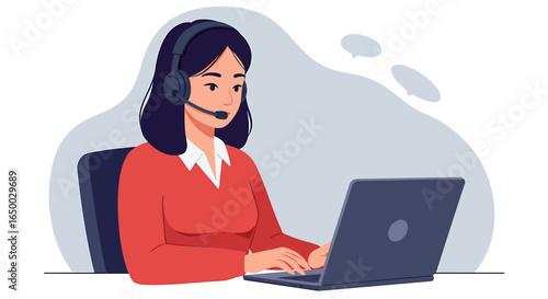 A female customer service agent with dark hair and a headset wearing a red sweater and typing on a laptop.