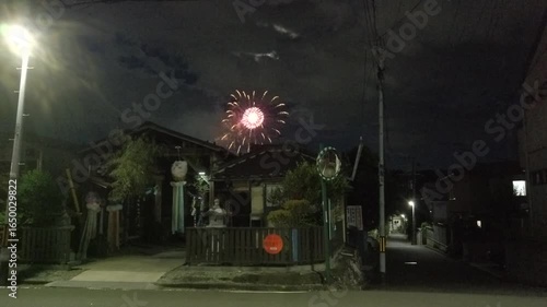 April 27, 2025, Sendai, Miyagi Prefecture, Japan.Scenes from the Sendai Tanabata Fireworks Festival, fireworks over a small shrine. Continuous fireworks.