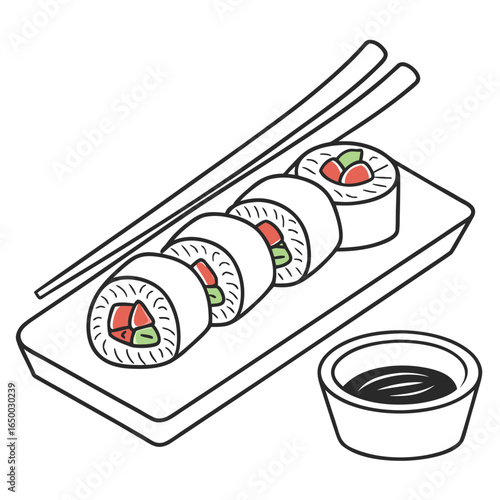 Sushi rolls with chopsticks and dipping sauce maki