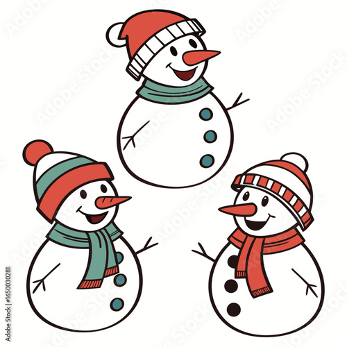 Three cheerful snowmen wearing winter hats and scarves