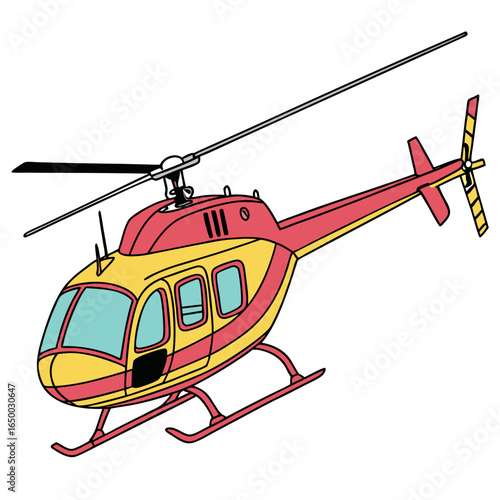 Yellow and red helicopter with black rotor blades rotorcraft