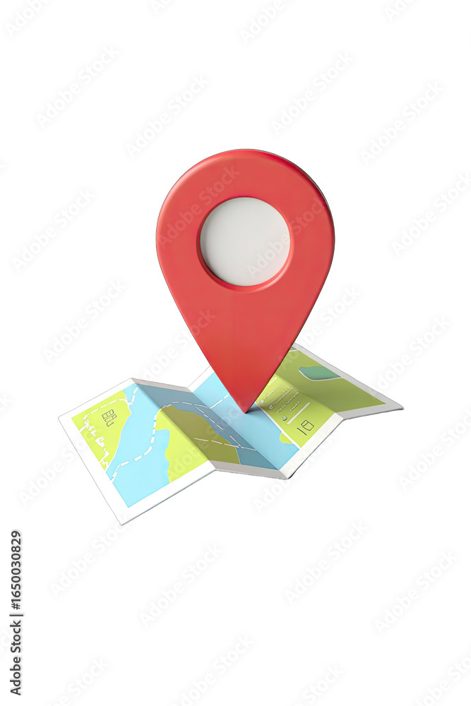 Red map pointer icon on a folded map. Red map pointer icon on a folded map.