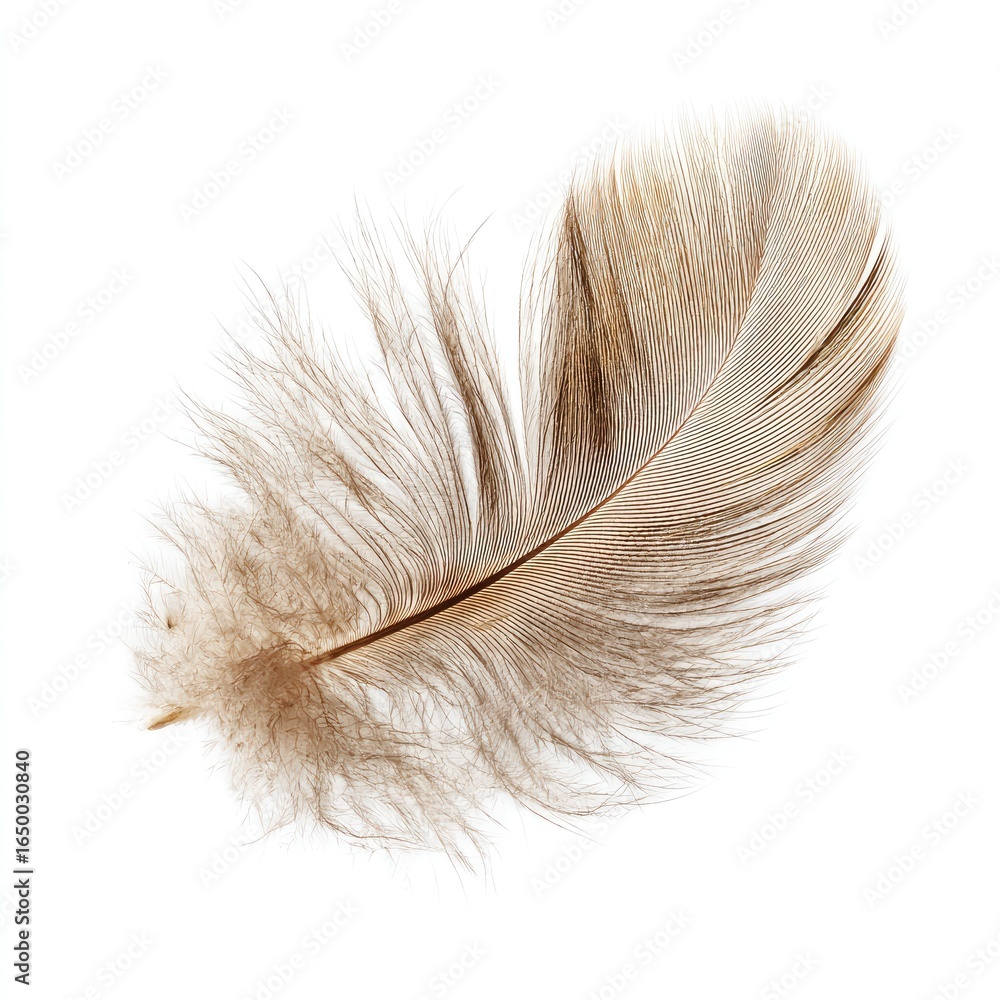 Obraz premium Single feather, light brown, fluffy, delicate, isolated on white