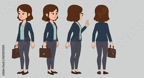 Businesswoman cartoon character turnaround sheet in four poses Female office worker with a briefcase blazer and glasses.