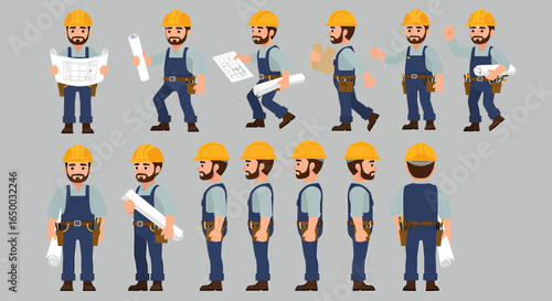 Construction worker character set with various poses actions and turnaround views for animation.