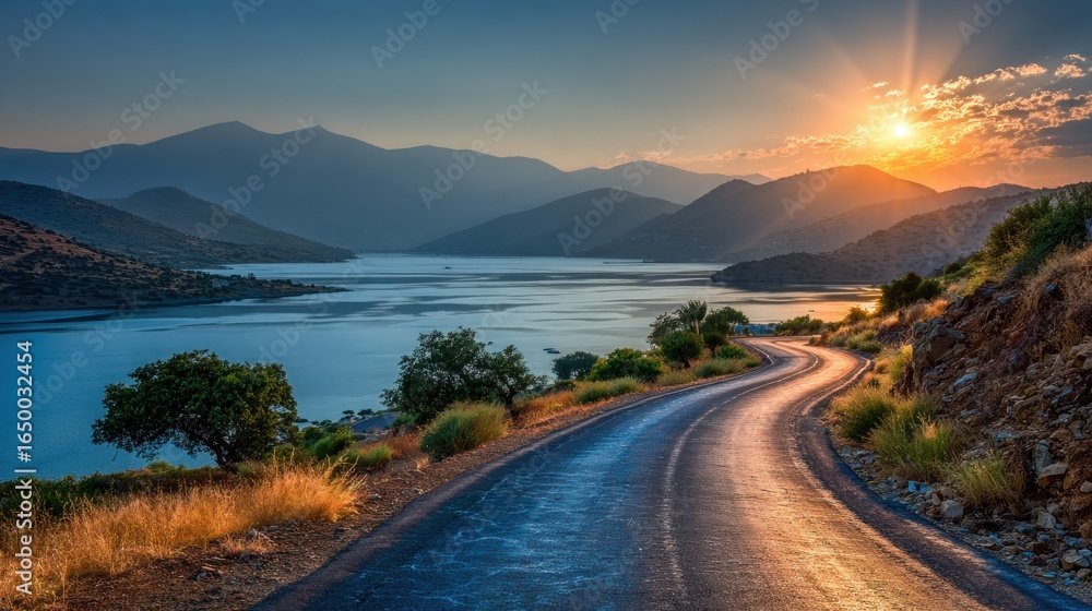 Obraz premium Winding road leads to sunset over lake and mountains