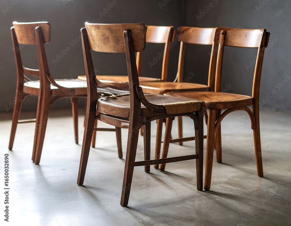 Arrangement of classic wooden chairs in a minimalist architectural interior Arrangement of classic wooden chairs in a minimalist architectural interior