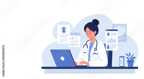 Female doctor in a white coat with a stethoscope working on a laptop managing electronic health records.