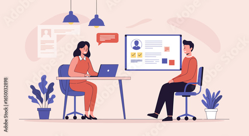Female recruiter conducting a job interview with a male candidate in a modern office a flat vector illustration.