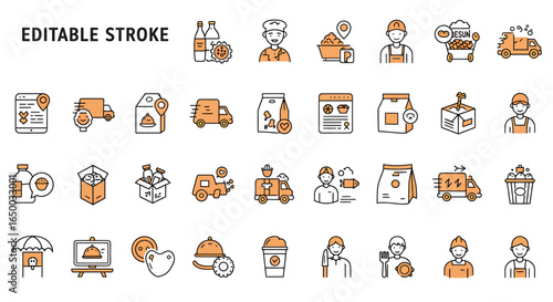 Food Delivery and Service Line Icon Set with Editable Stroke and Orange Accents.