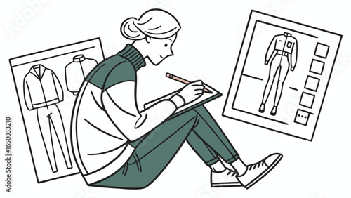 Simple Outline Fashion Designer at Work Drawing Dress Sketch Icon