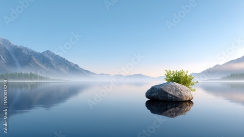 Serene landscape of a lone rock with a small plant on tranquil water at sunrise.