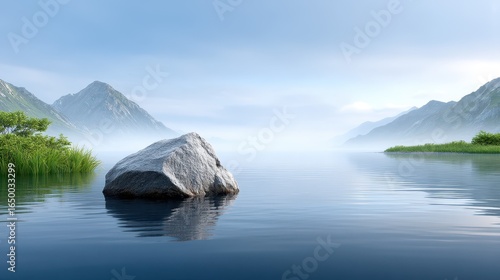 Serene lake landscape with a prominent rock surrounded by misty mountains.
