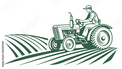 Monochrome Farming Landscape Tractor on Field Agriculture and Occupation Illustration