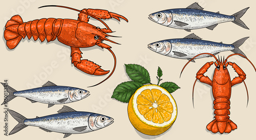 Handdrawn seafood collection with red lobsters sardines and a lemon half.