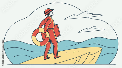 Flat Line Art Style Lifeguard on Duty at the Beach Illustration