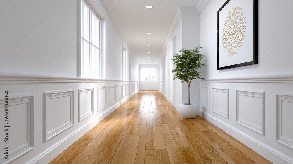 Fototapeta premium Bright, modern hallway with wood flooring and decorative plant.