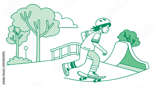 Minimalist Lineart Skateboarder in Skatepark Illustration with Ramp and Trees