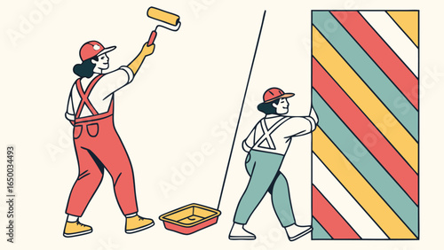 Flat Style Painter Illustration with Worker Painting Wall Design