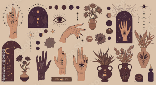 Set of mystical esoteric illustrations with hands eyes moon phases and celestial symbols.