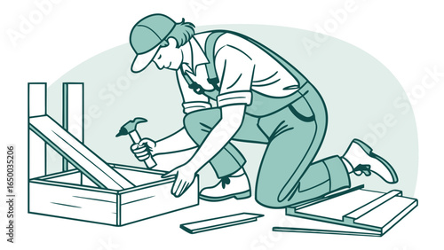 Handdrawn Outline Carpenter Constructing Wooden Box with Hammer Illustration