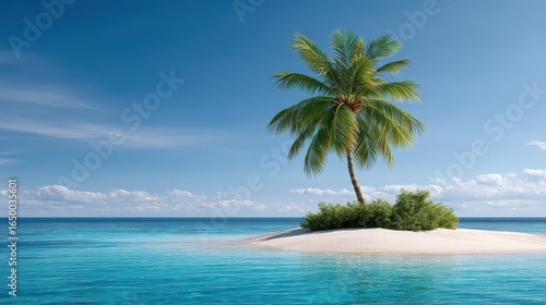 Lone palm tree on a secluded sandy beach under a bright blue sky.