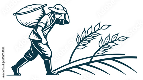 Simple Line Art of Rice Farmer Carrying Harvest Illustration Graphic Element
