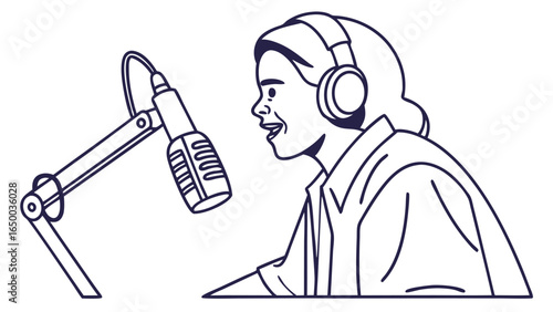 Minimalist Outline Person Speaking Into Microphone with Headphone Drawing Illustration