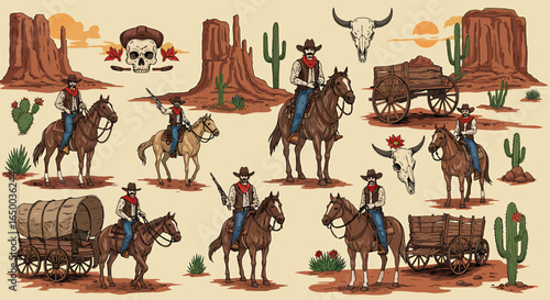 Vintage Western Cowboys Riding Horses and Wagons in Desert Landscape.