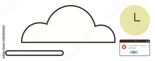 Cloud with progress bar, clock, and error notification conveys storage issues, delayed processes, system downtime, or failures. Ideal for tech issues, data management, cloud computing time