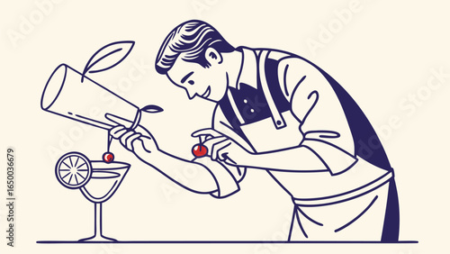 Minimalist Line Art Bartender Preparing a Cocktail Drink Illustration