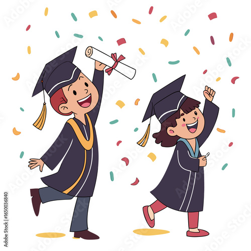Cartoon graduates celebrating with confetti graduation
