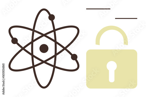 Atom model with orbiting electrons next to a closed padlock, representing data protection, cybersecurity, scientific security, encryption, knowledge preservation, innovation safety, and nuclear
