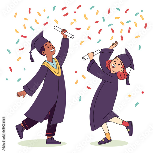 Cheerful graduates celebrating with diplomas and confetti